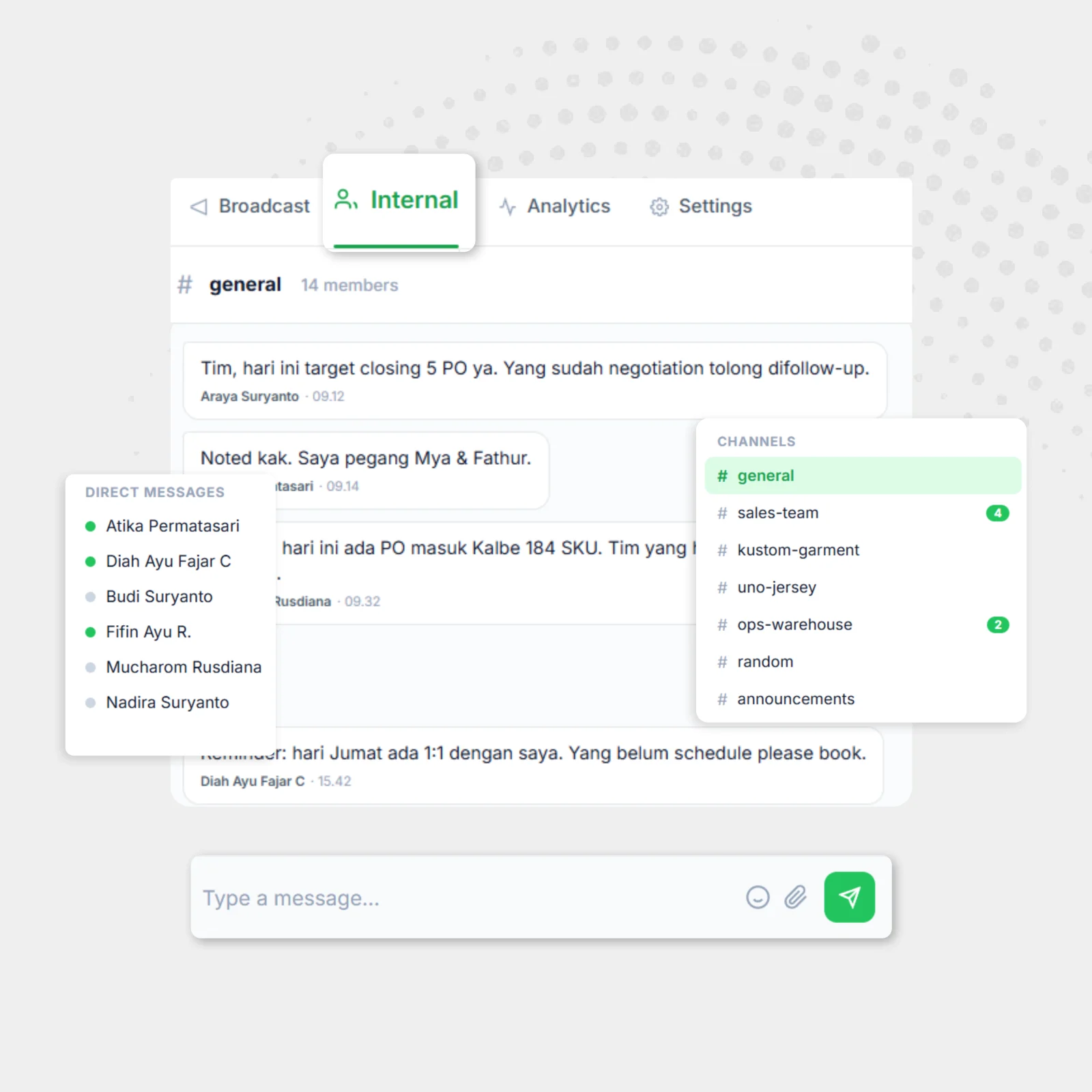 Obrola internal chat — team channels per brand, direct messages, and member presence.