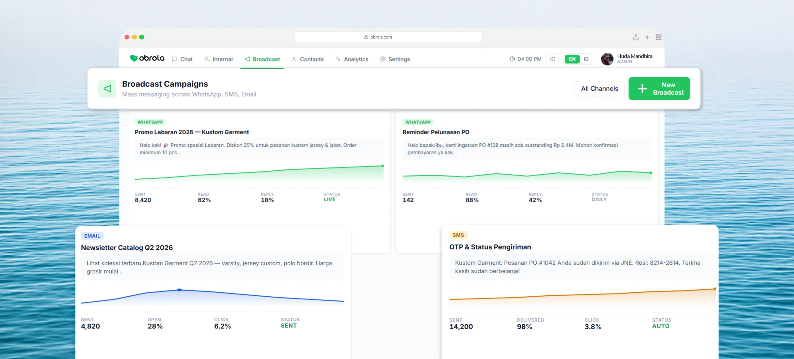 Obrola broadcast campaigns — Ola AI automates outreach across WhatsApp, SMS, and email with per-campaign tracking.