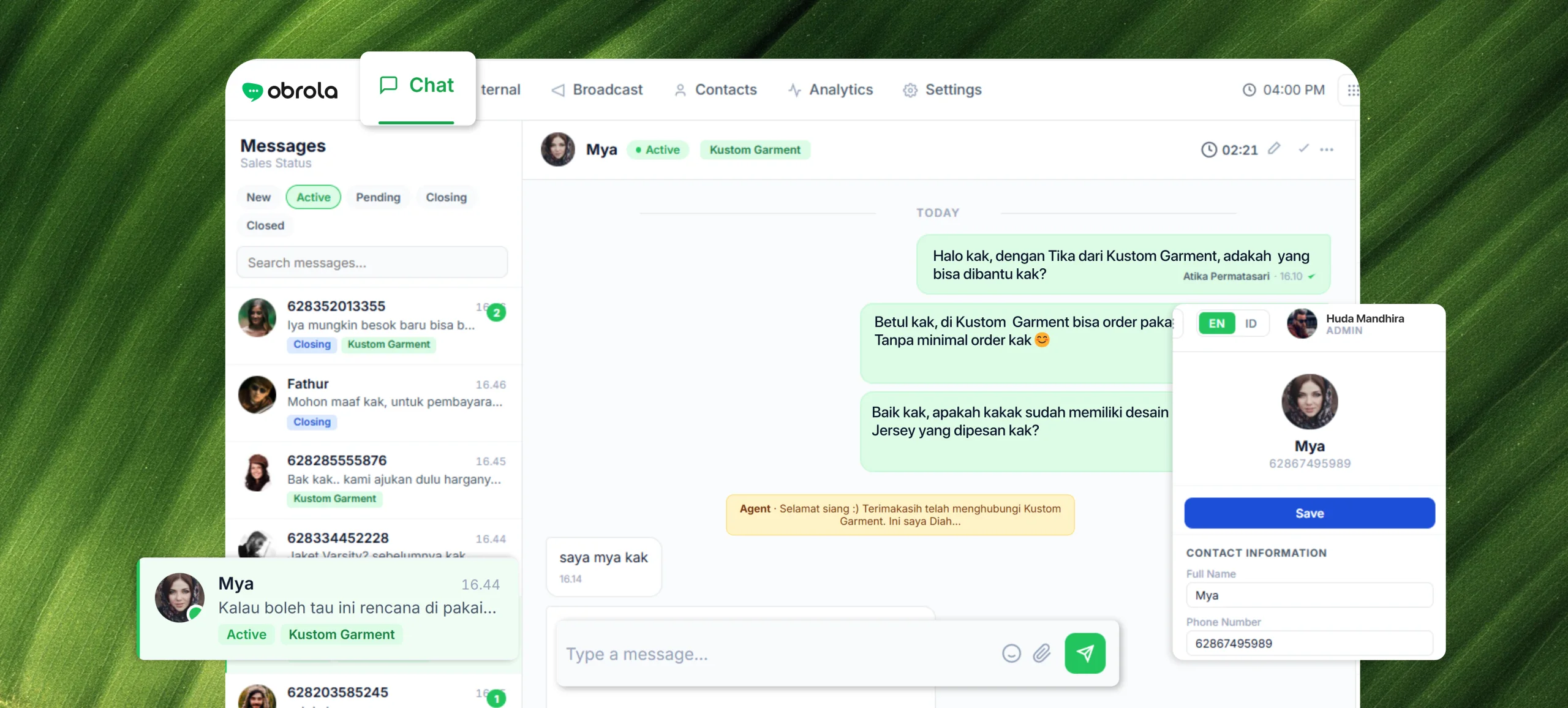 Obrola smart inbox — WhatsApp, Instagram, and Facebook conversations in one team inbox with a sales-stage rail.