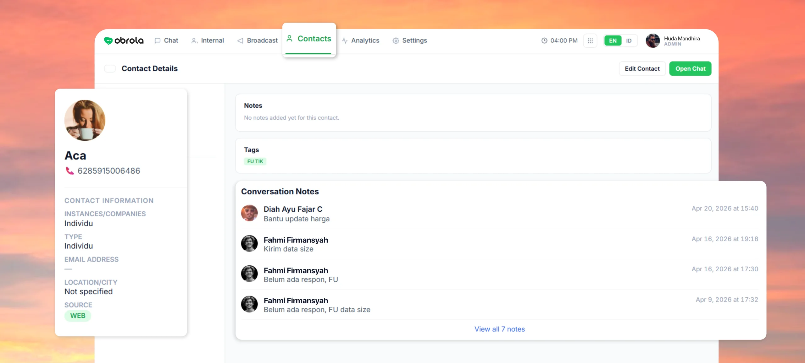 Obrola contact management — a full profile with interaction history and notes for every customer.