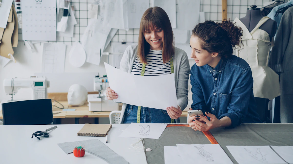 Dua perancang bekerja bersebelahan di meja workshop fashion kecil, satu memegang pola kertas dan satu menatap ponsel di tangannya, rak pakaian dan mesin jahit di latar