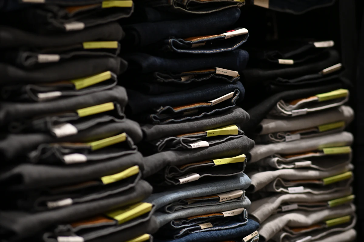 Tumpukan jeans terlipat rapi di rak toko, dikelompokkan per warna, dengan label kertas menempel di pinggangnya