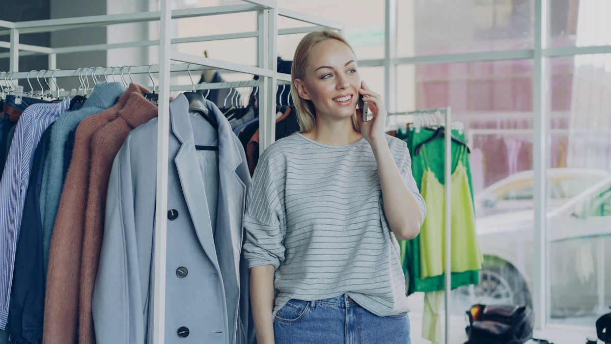 Seorang perempuan memegang ponsel di dalam toko pakaian, rak baju terlihat di sekelilingnya