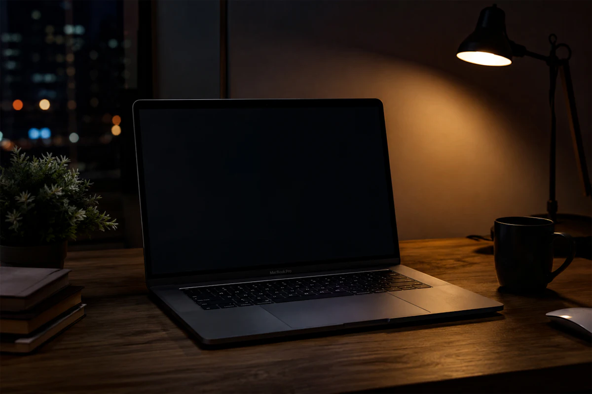 Meja kerja kayu di malam hari disinari satu lampu meja, laptop terbuka dengan layar mati, lampu kota di luar jendela