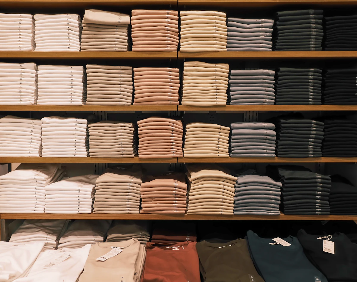 Rak kayu toko pakaian berisi kaus terlipat rapi tertata per warna dari putih ke hitam, label ukuran terlihat di lipatan tiap tumpukan