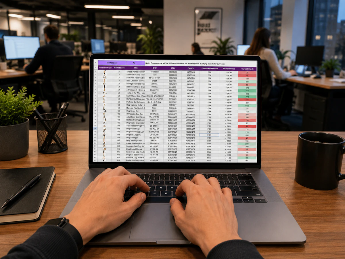 Tangan mengetik di laptop yang menampilkan spreadsheet panjang berisi banyak kolom data