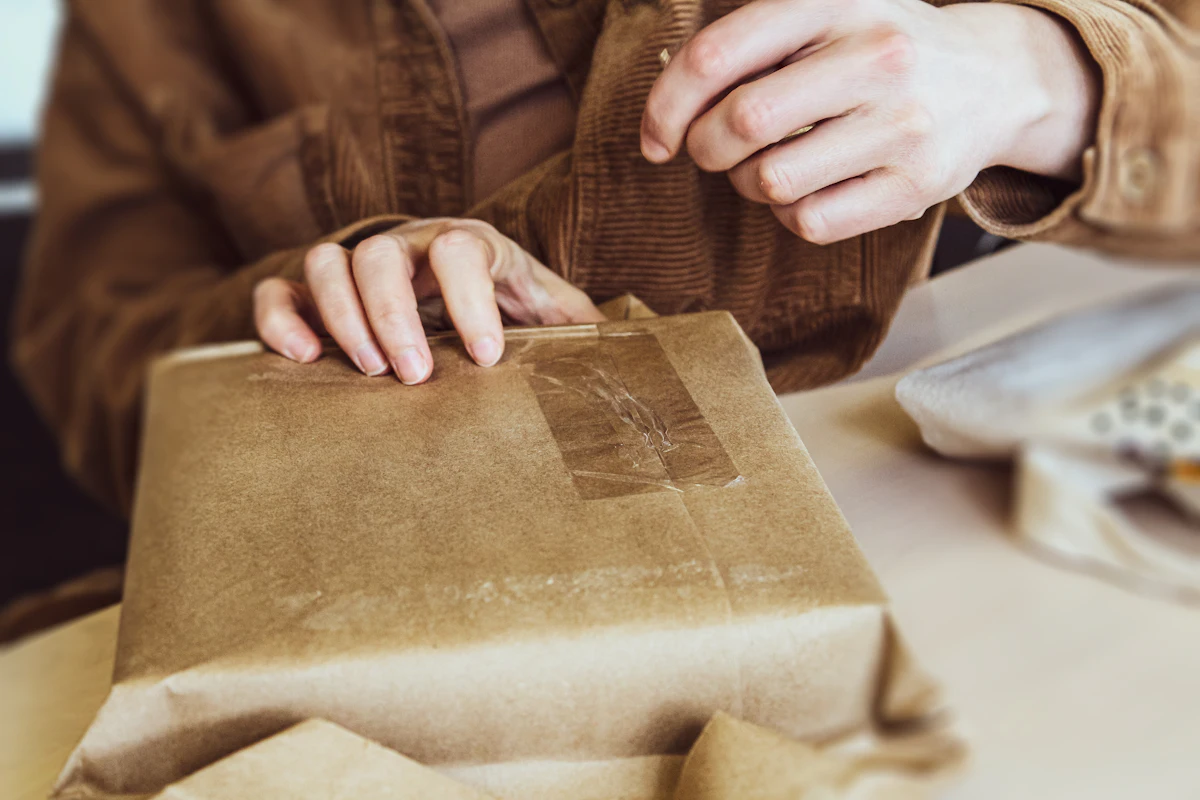 Tangan membungkus pesanan dengan kertas kraft di atas meja