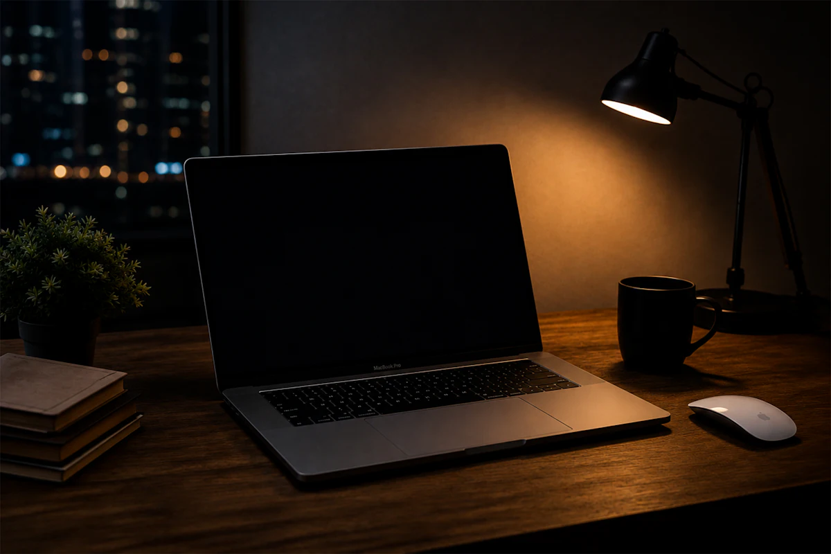 Meja kerja malam hari dengan laptop terbuka, lampu meja menyala, dan mug di samping; lampu kota terlihat blur dari jendela