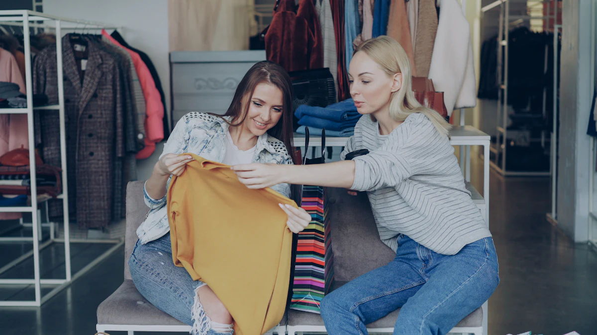 Dua orang memeriksa sebuah pakaian di antara rak gantungan dan tumpukan baju terlipat di butik yang terang